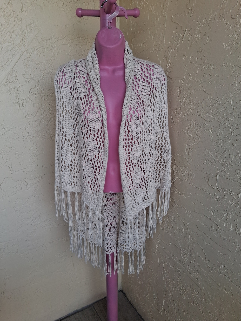 BOHO Cgic Fringed Crochet Open-Knit  Wrap